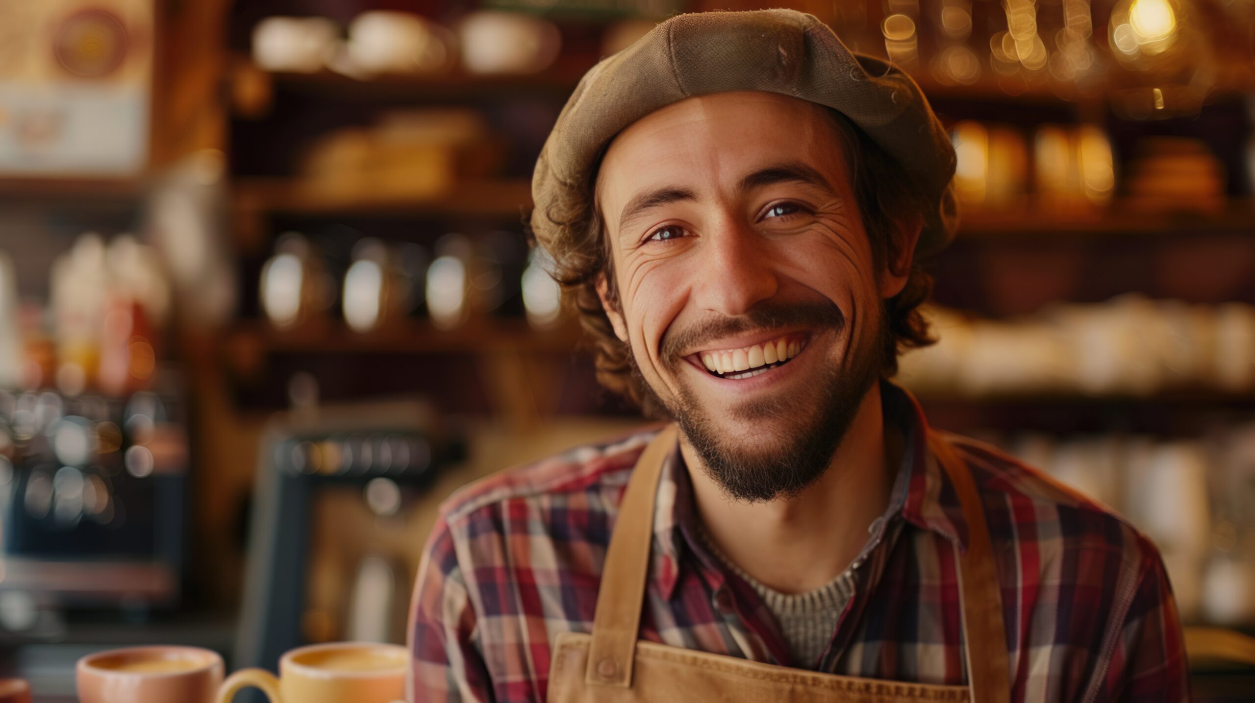 A cheerful barista, serving coffee with a smile, exudes warmth a