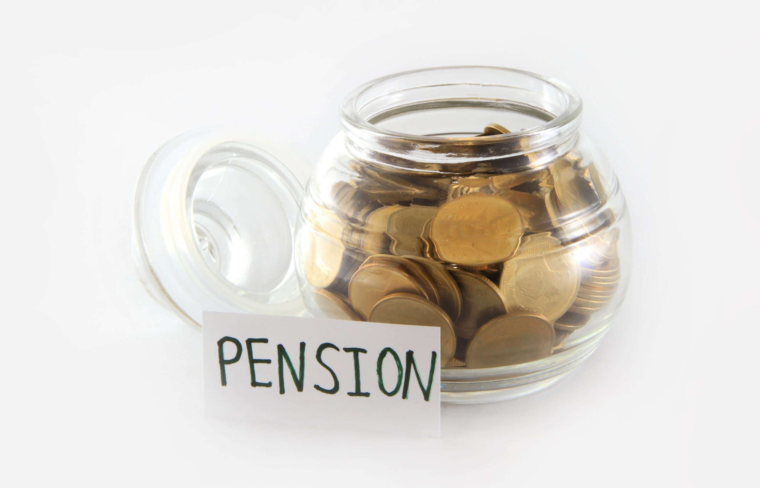 Glass bank for tips with money isolated on white