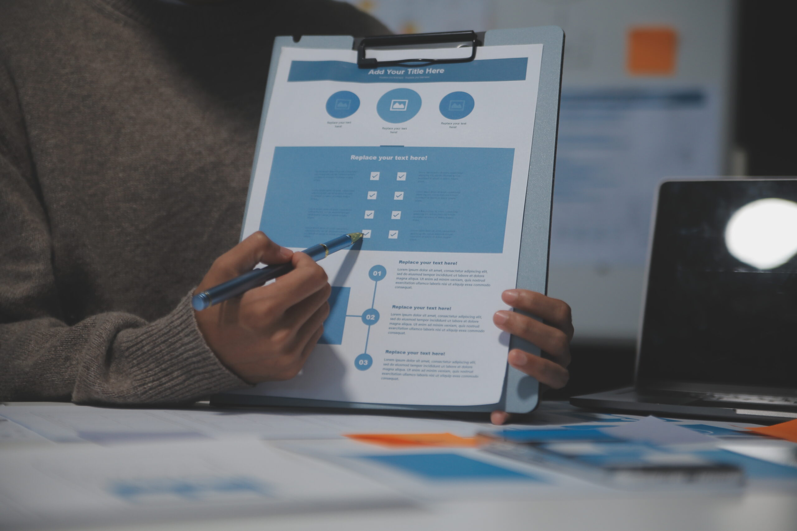 Professional interior designer at workplace in office, closeup