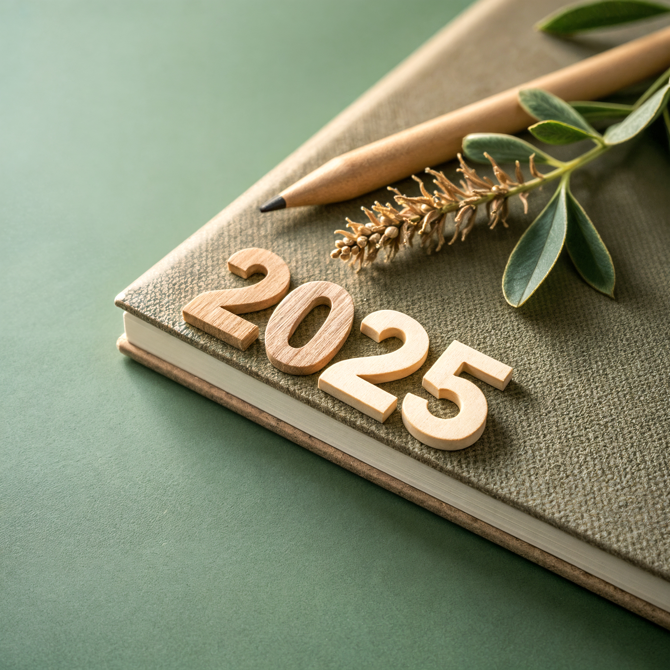 wooden 2025 numbers rest on a green book