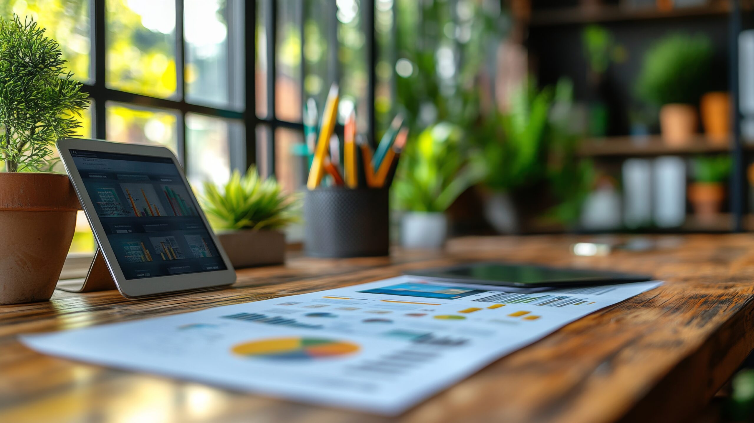 Desk workspace with documents, tablet, and glasses during a productive afternoon in a cozy environment