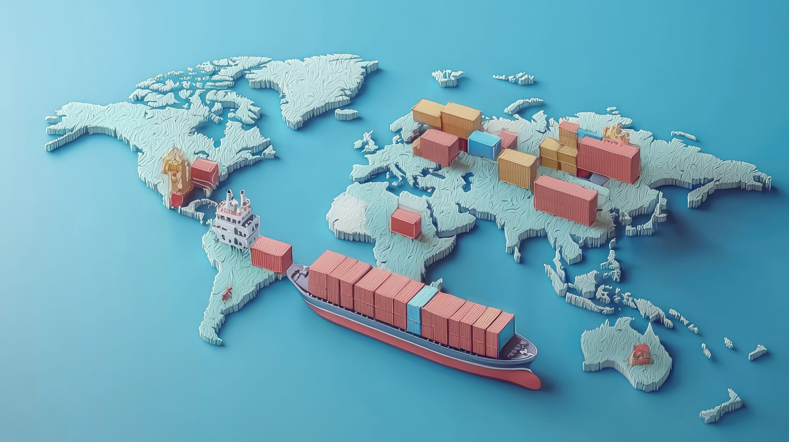 Global Trade Network Cargo Ship, Shipping Containers, and World Map Illustrating International Logistics on Light Blue Background
