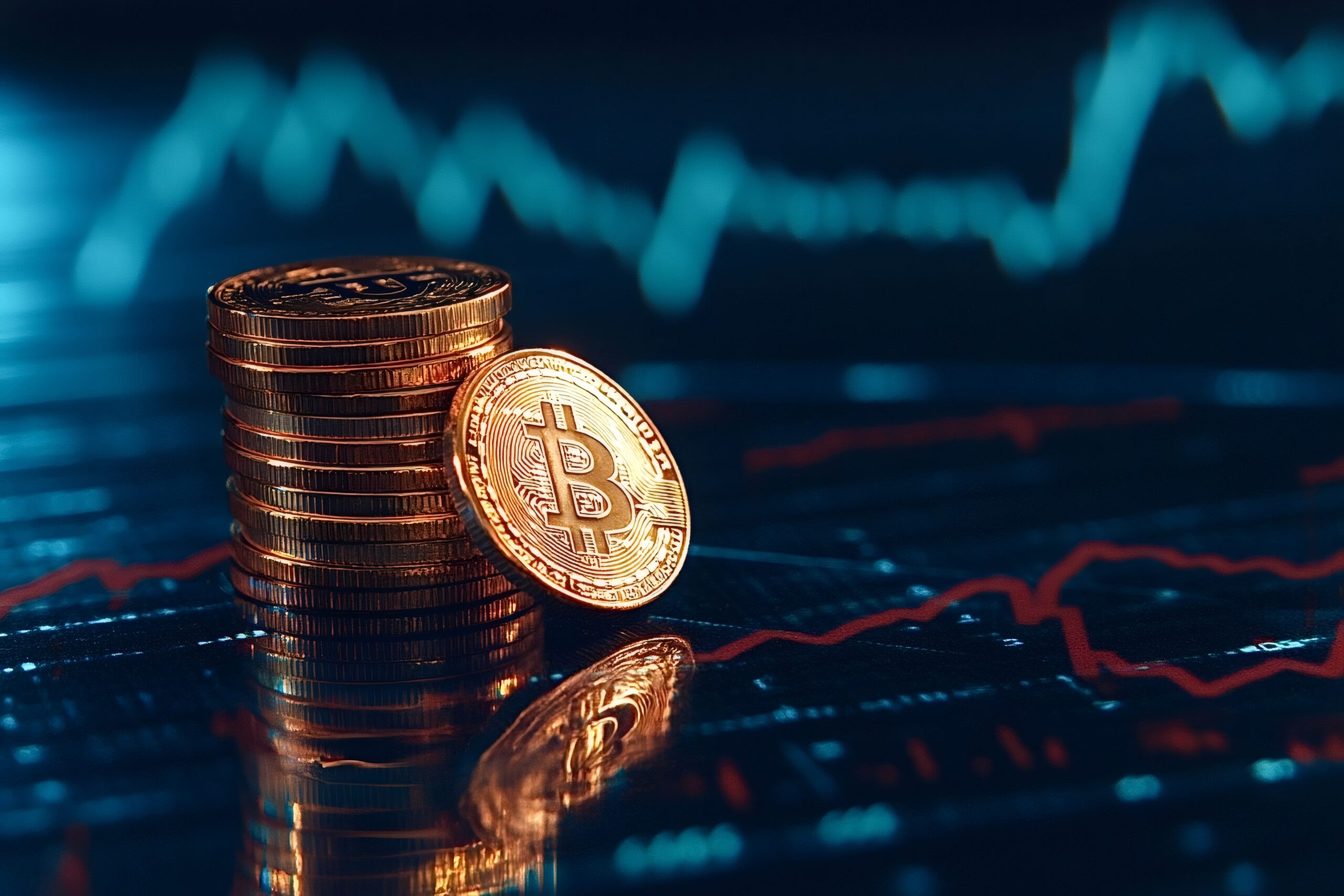 Bitcoin cryptocurrency coins stacked on financial chart background